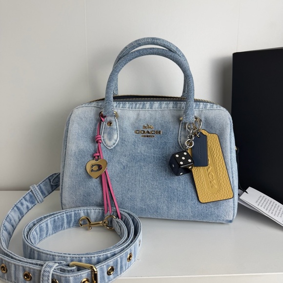 NWT Coach Rowan Satchel Bag In Loved Denim With Charms - Picture 2 of 13